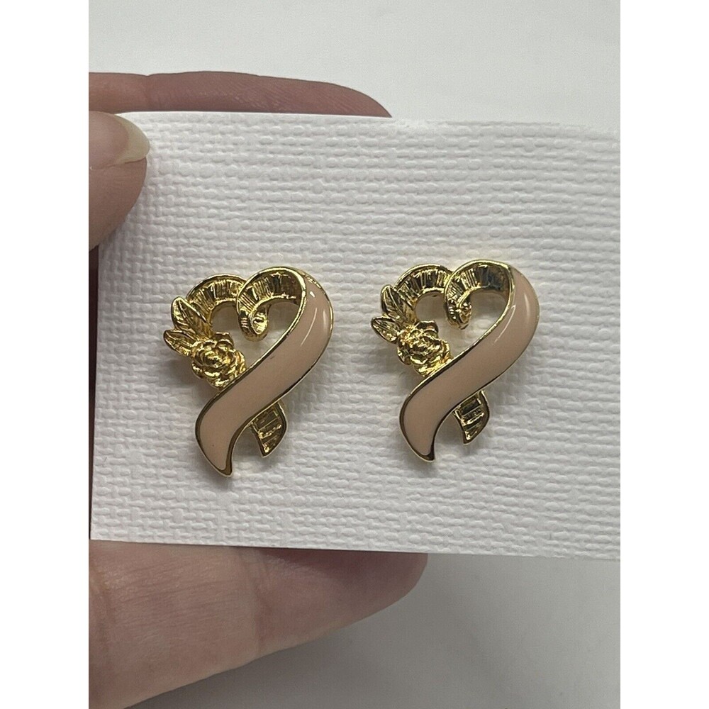 Vintage Avon Pink Enamel Rose Heart Ribbon Earrings